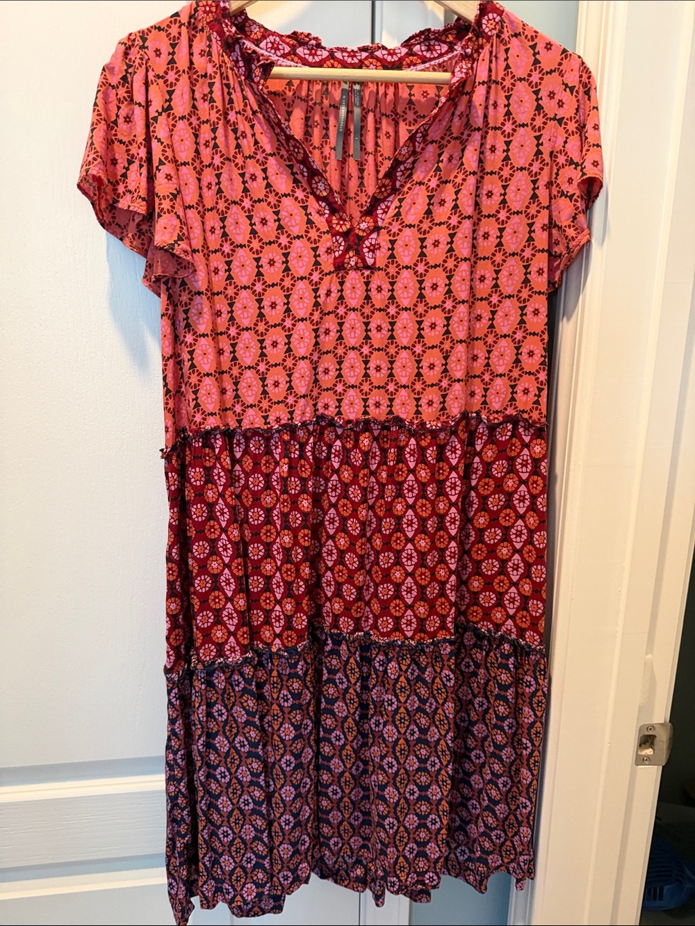 Anthropologie Pink & Burgundy Tiered Midi Dress